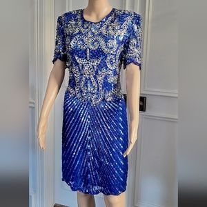 Brilliante By JA Blue & Silver Beaded Sequin Cocktail Dress - Size S